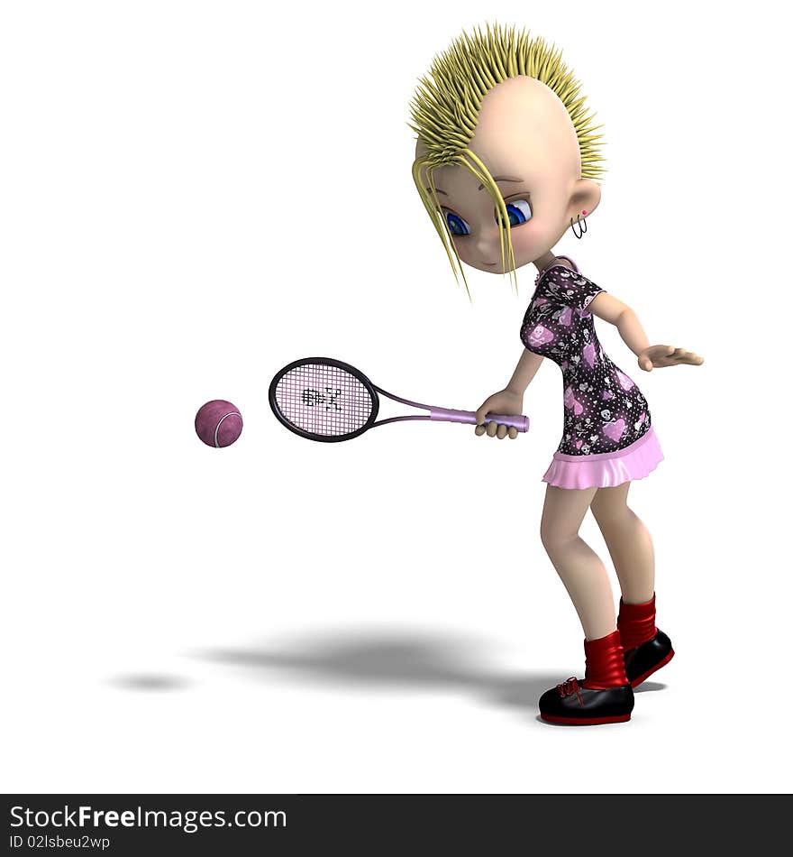 Cute female cartoon punk is a tennis player. 3D rendering with clipping path and shadow over white