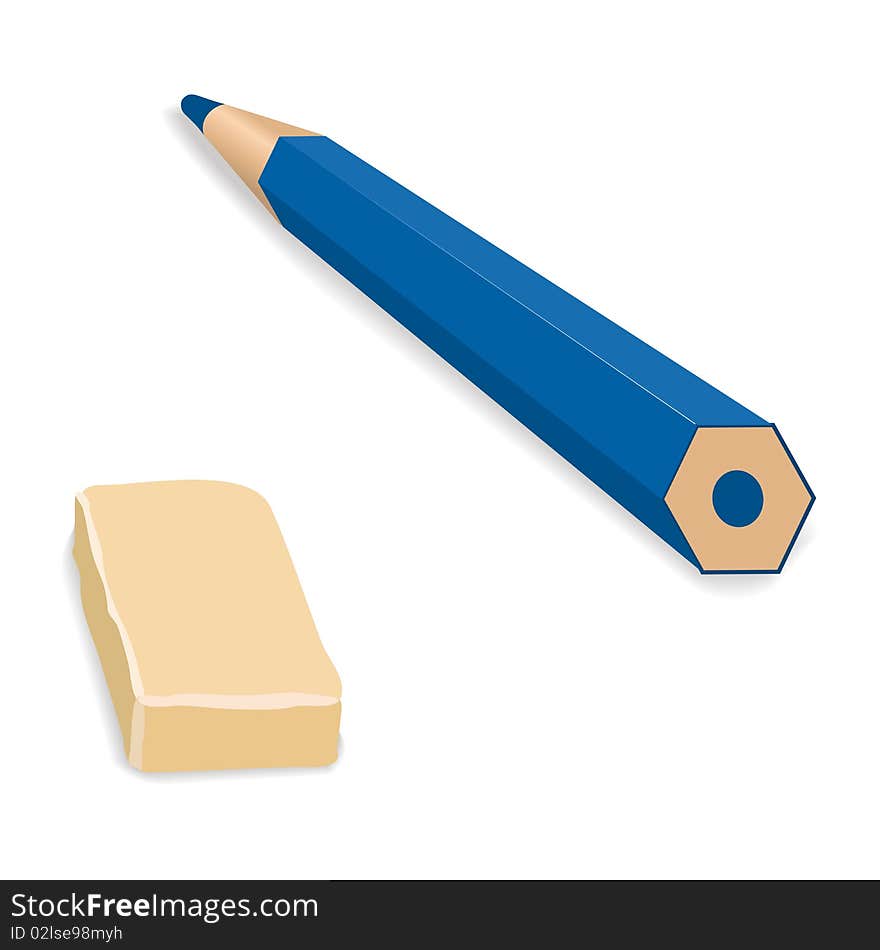 Blue pencil and an eraser rubber isolated on white. Blue pencil and an eraser rubber isolated on white