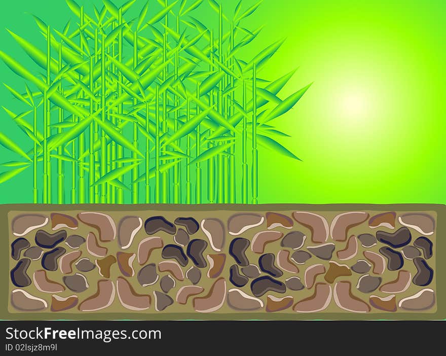 Vector stylized bamboo for the cobblestone wall on the background of hazy sun. Vector stylized bamboo for the cobblestone wall on the background of hazy sun