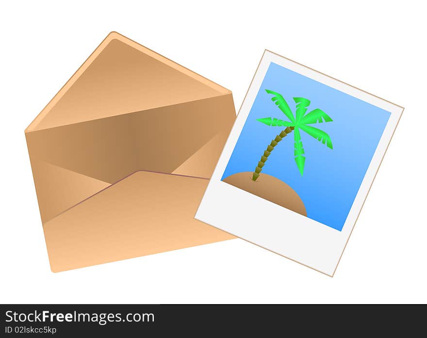 Vector open the envelope with Polaroids depicting a beach with palm. Vector open the envelope with Polaroids depicting a beach with palm