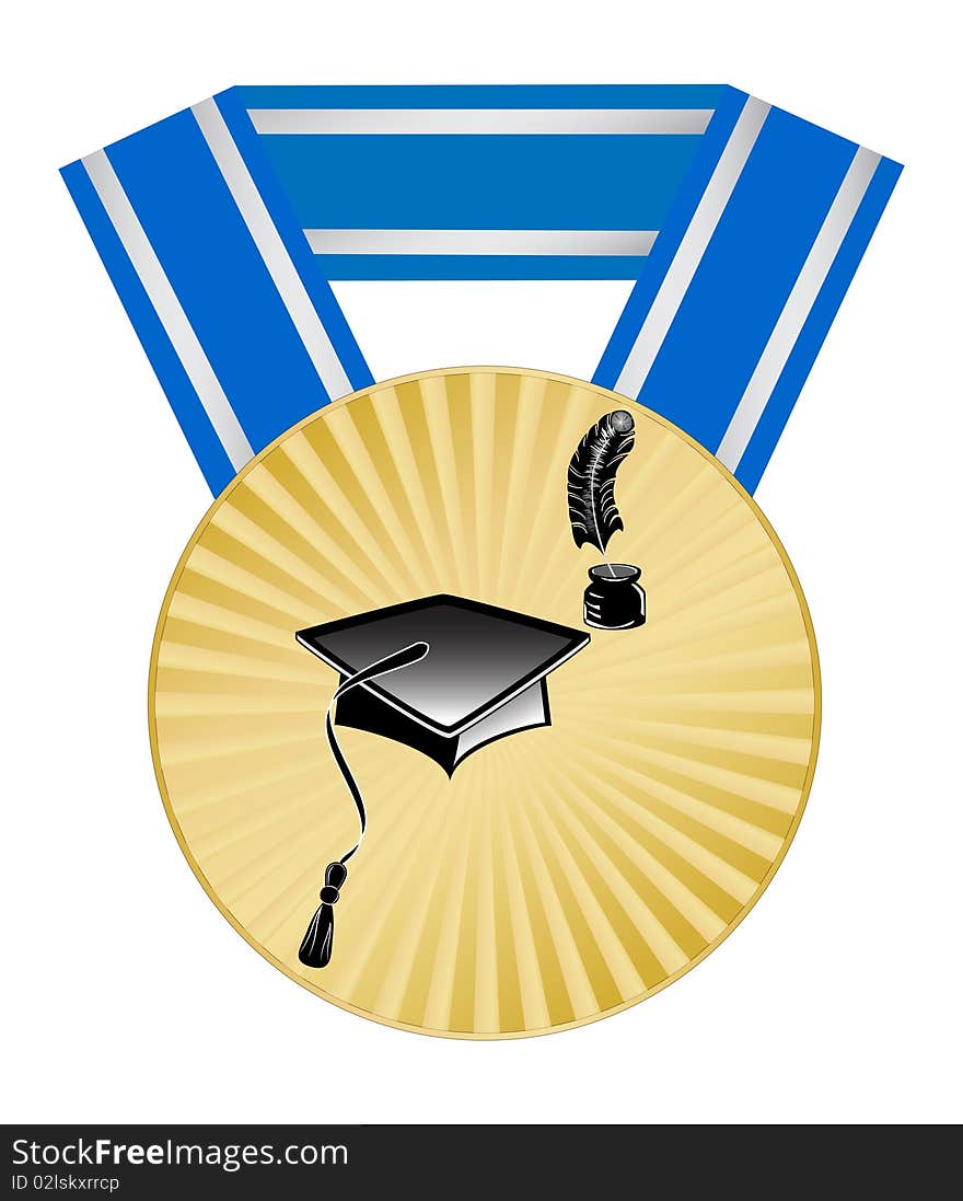 A stylized gold medal with a ribbon and a picture hat with a feather and ink. A stylized gold medal with a ribbon and a picture hat with a feather and ink