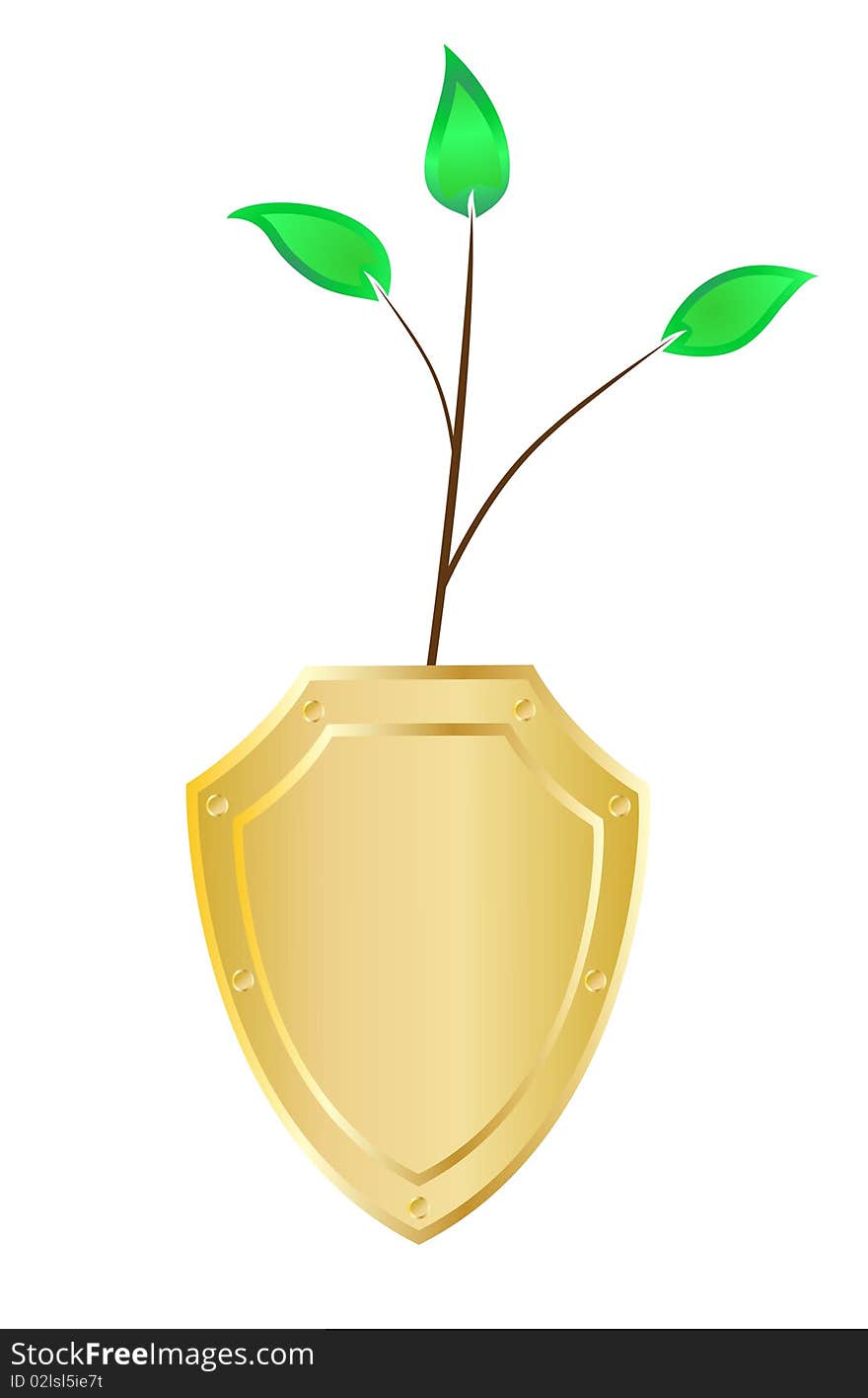 Vector gold stylized shield with the downstream escape of the young plants. Vector gold stylized shield with the downstream escape of the young plants