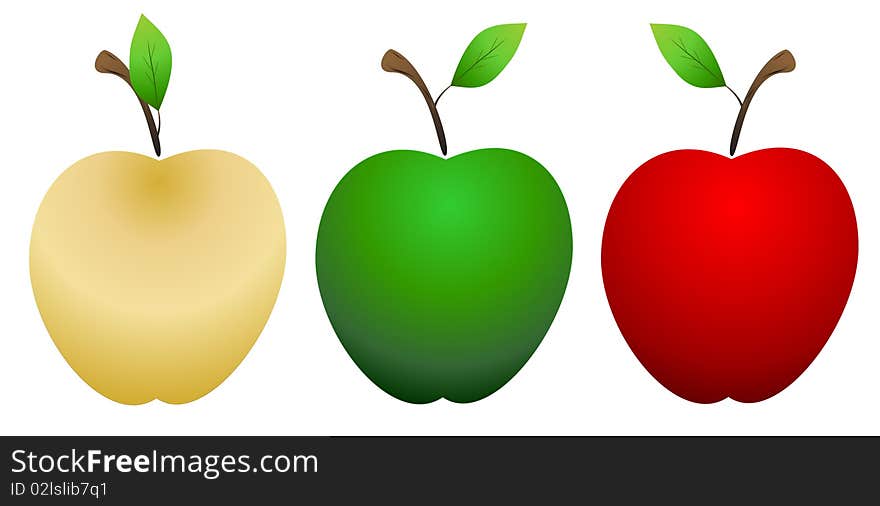 Three stylized apple made in gold, green and red. Three stylized apple made in gold, green and red