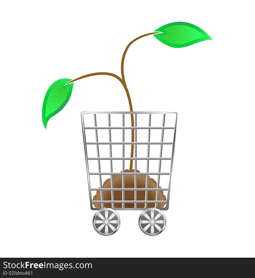 Stylized  shopping carts with green shoots and the soil inside. Stylized  shopping carts with green shoots and the soil inside