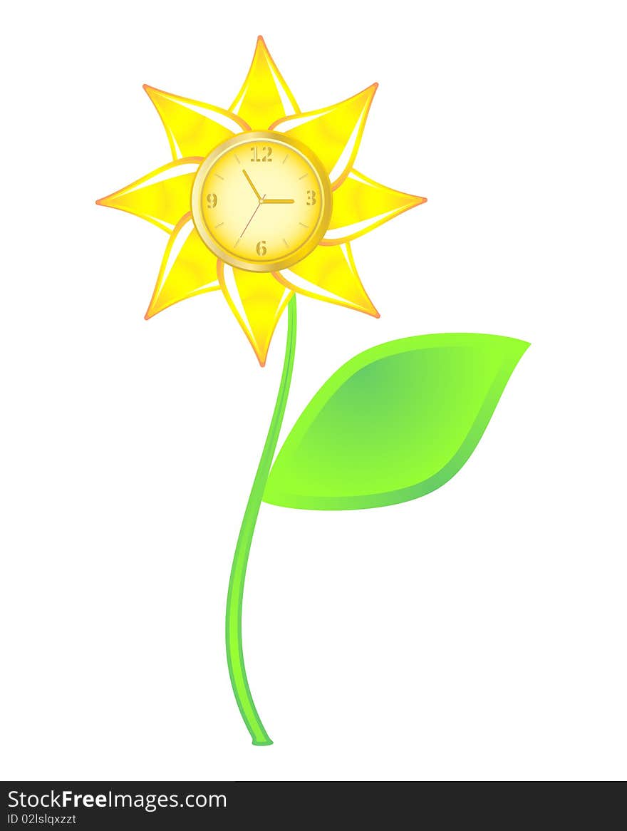 Stylish  flower with green leaves and a gold watch. Stylish  flower with green leaves and a gold watch