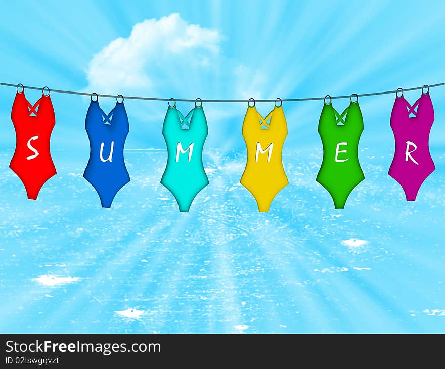 Isolated bath suits hanging on a wire, each one has a letter composing the word Summer, illustration of sky and water. Isolated bath suits hanging on a wire, each one has a letter composing the word Summer, illustration of sky and water