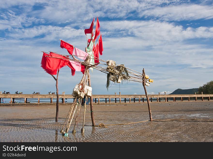 Fishery flag on beach, Thai sea image