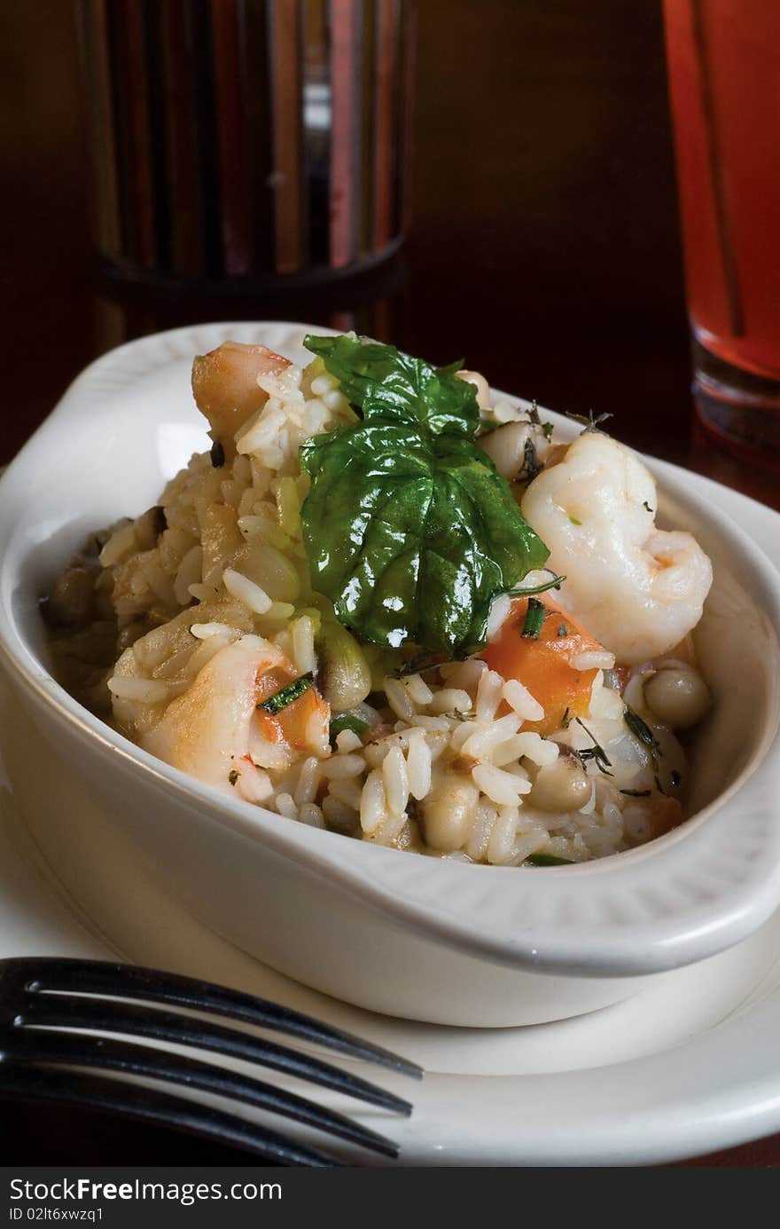 Shrimp and white rice with stewed vegetables. Shrimp and white rice with stewed vegetables