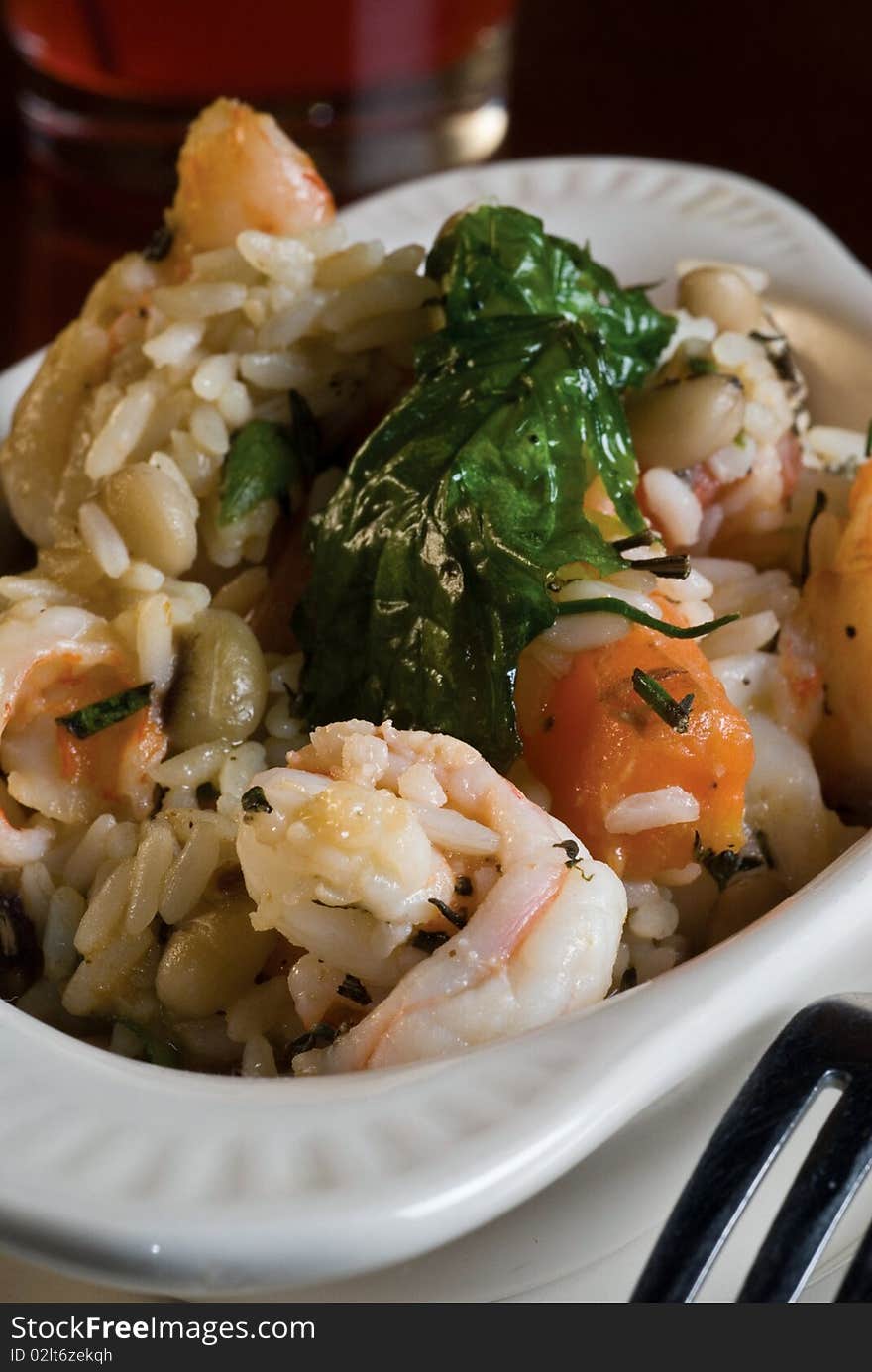 Shrimp and white rice with stewed vegetables. Shrimp and white rice with stewed vegetables