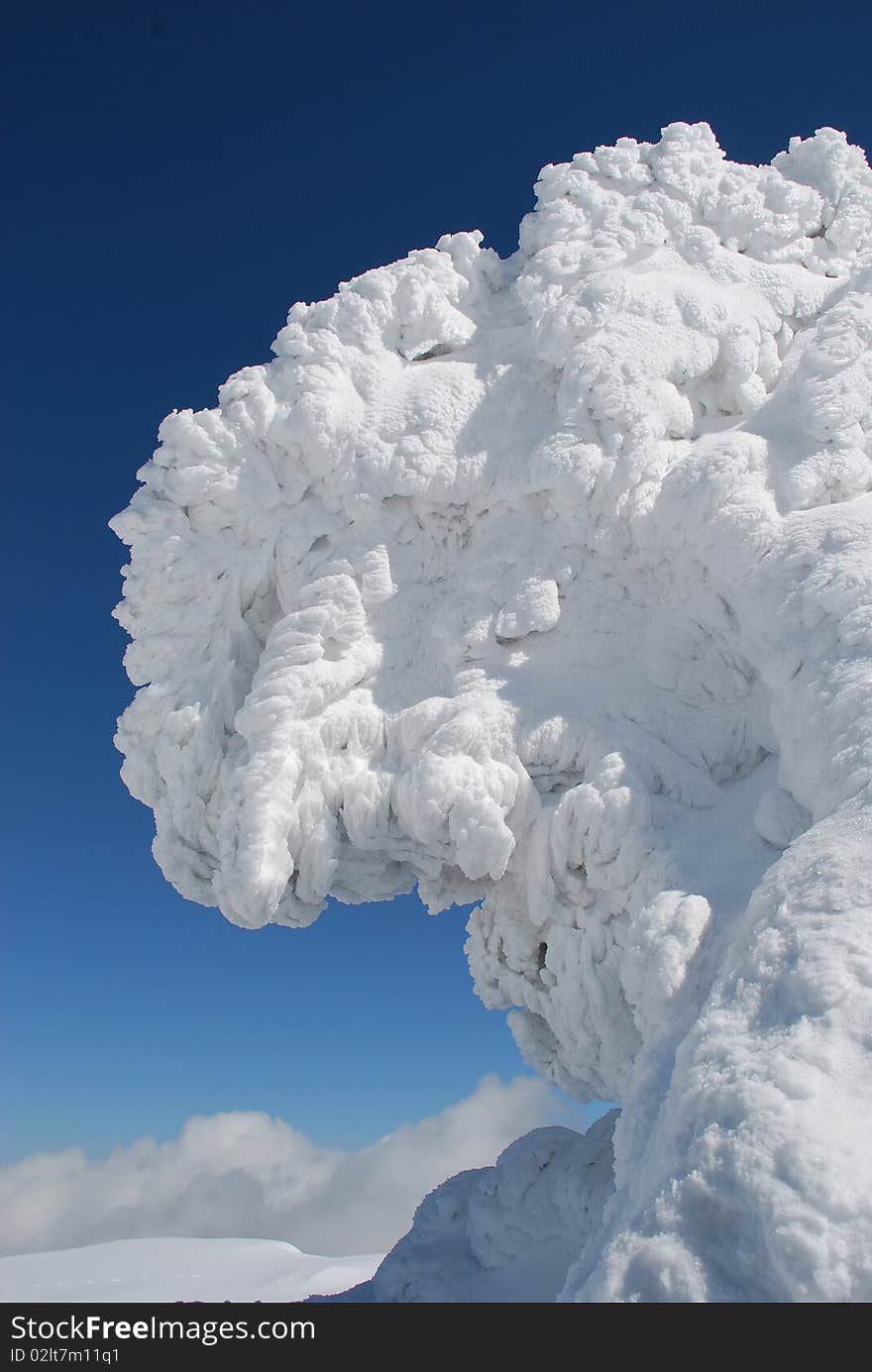 White outgrowths from snow in winter mountain conditions on a frost. White outgrowths from snow in winter mountain conditions on a frost.