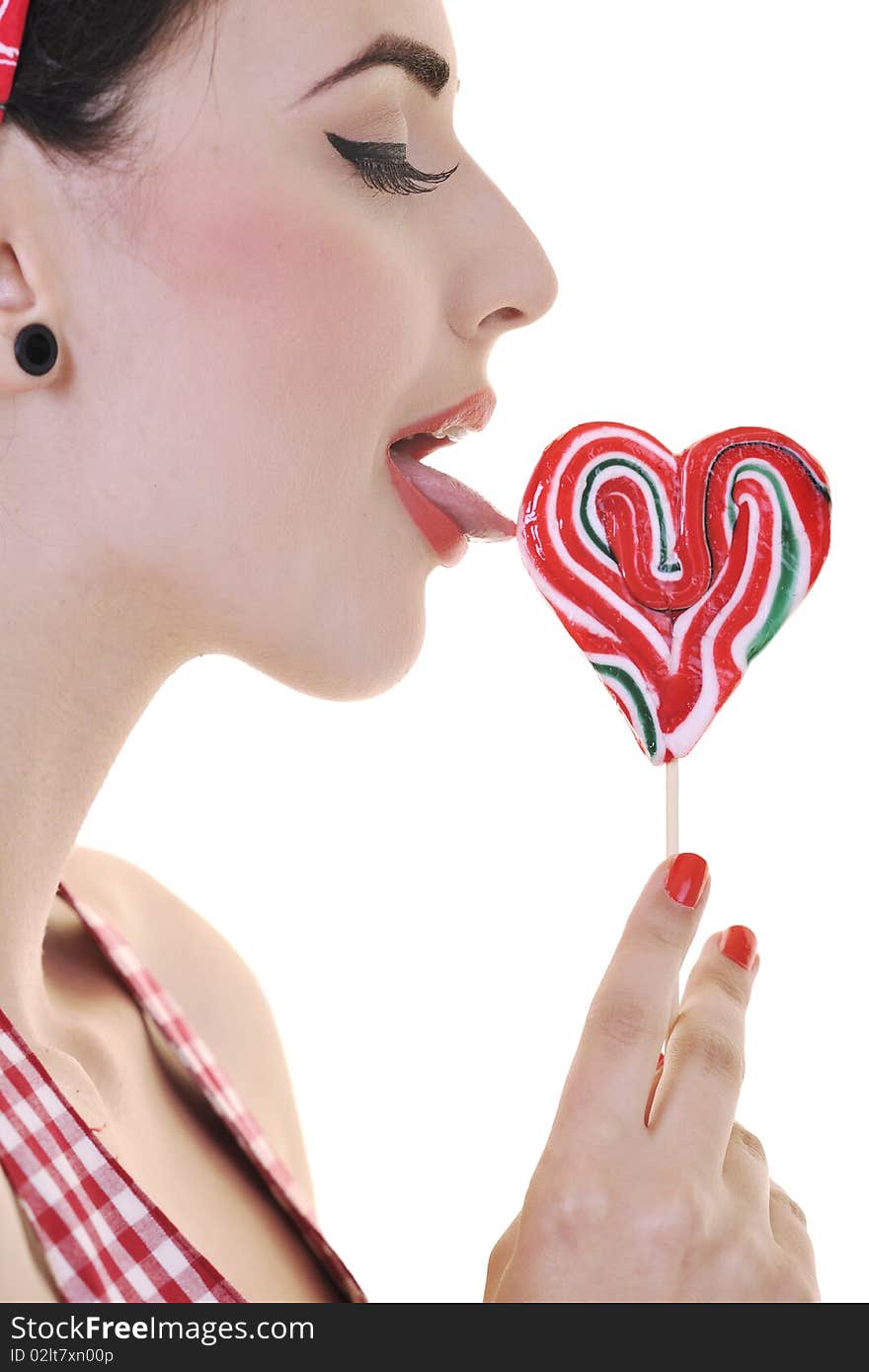 Happy woman with lollipop isolated on white