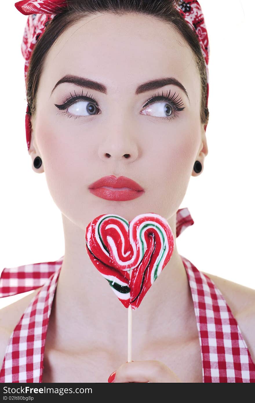 Happy young woman with lollipo candy isolated on white. Happy young woman with lollipo candy isolated on white