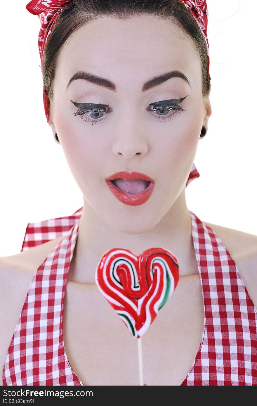 Happy young woman with lollipo candy isolated on white. Happy young woman with lollipo candy isolated on white