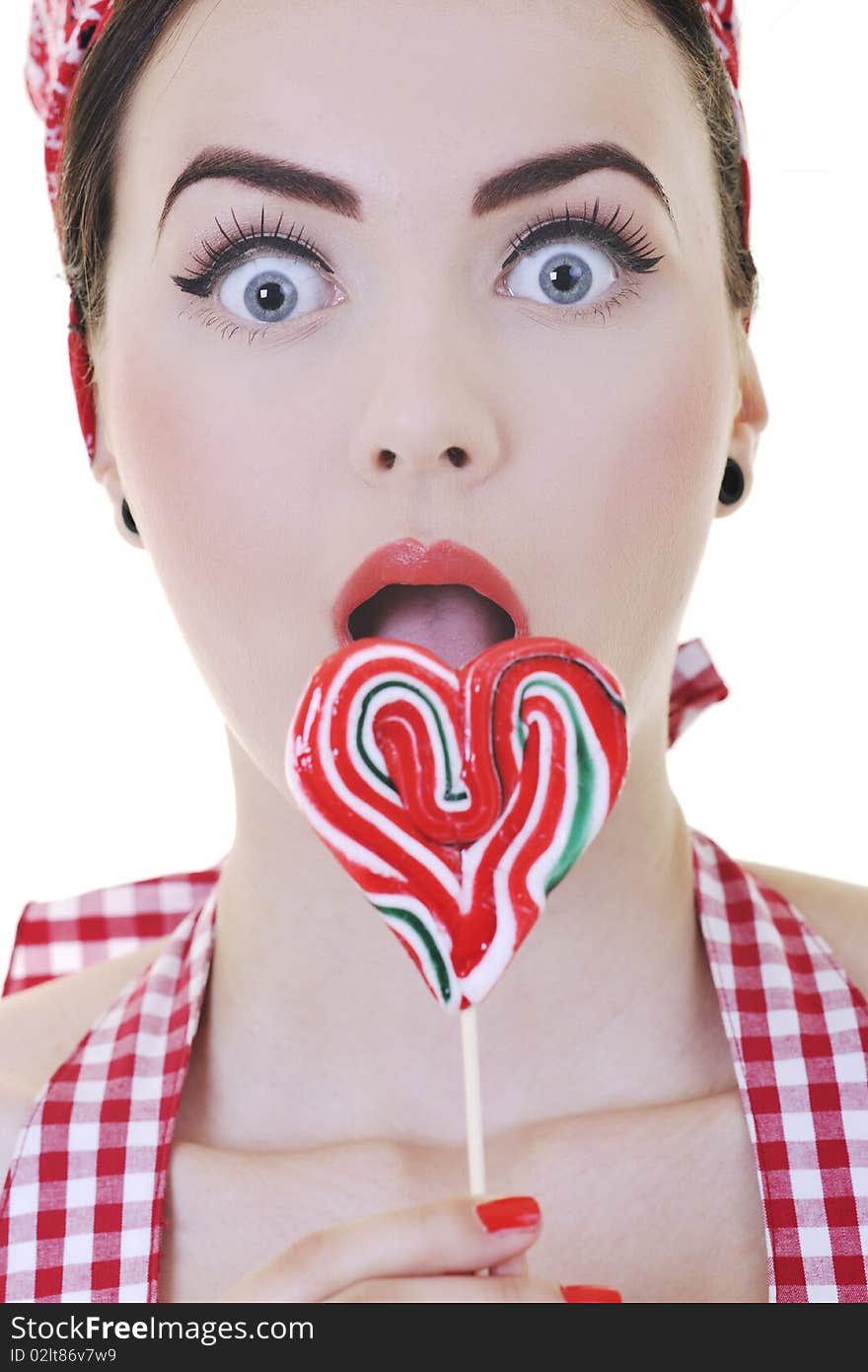 Happy woman with lollipop isolated on white