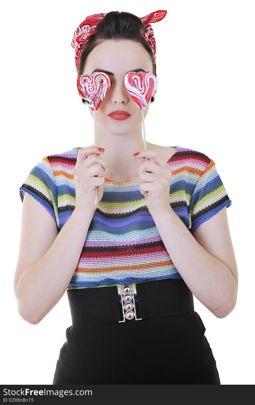 Happy woman with lollipop isolated on white