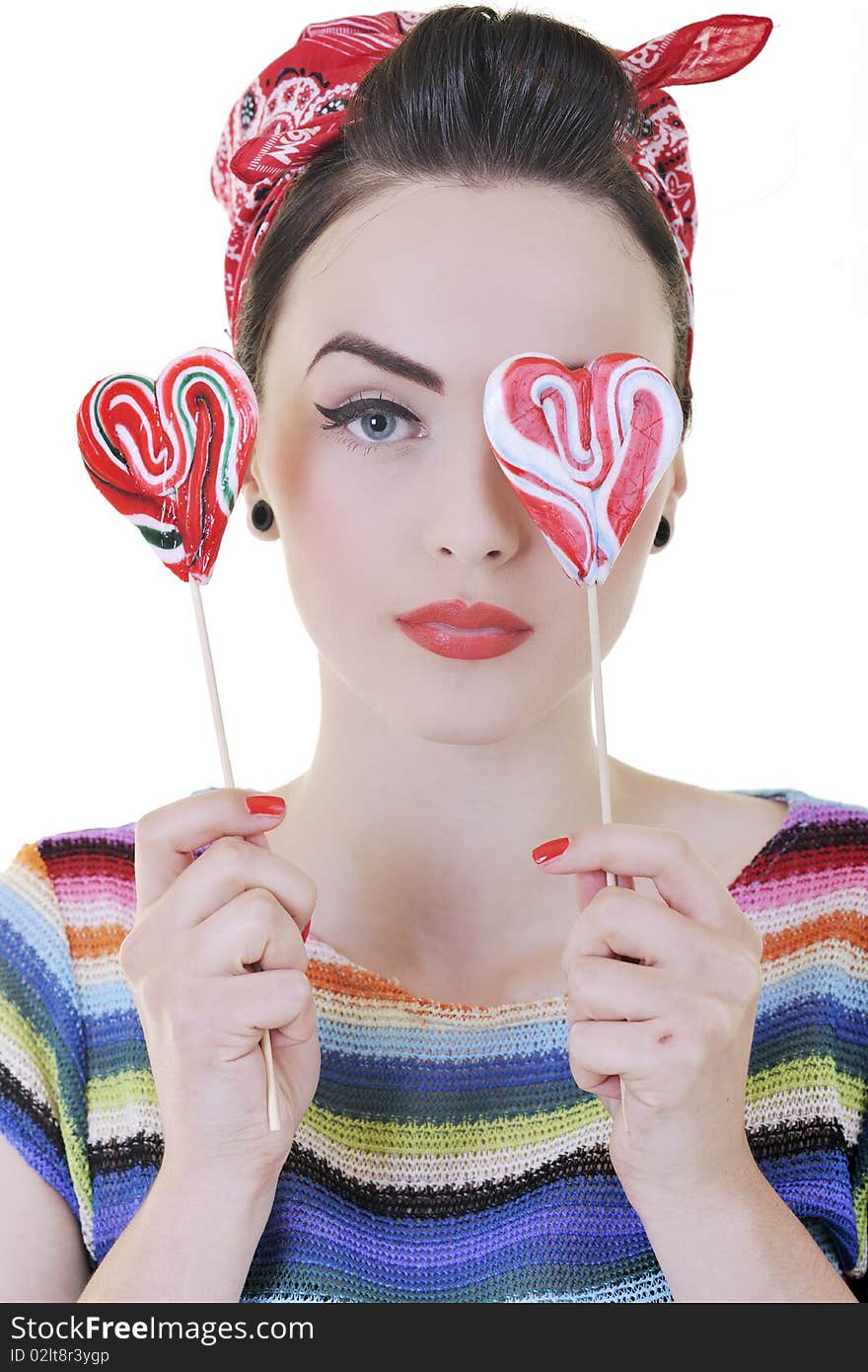 Happy young woman with lollipo candy isolated on white. Happy young woman with lollipo candy isolated on white