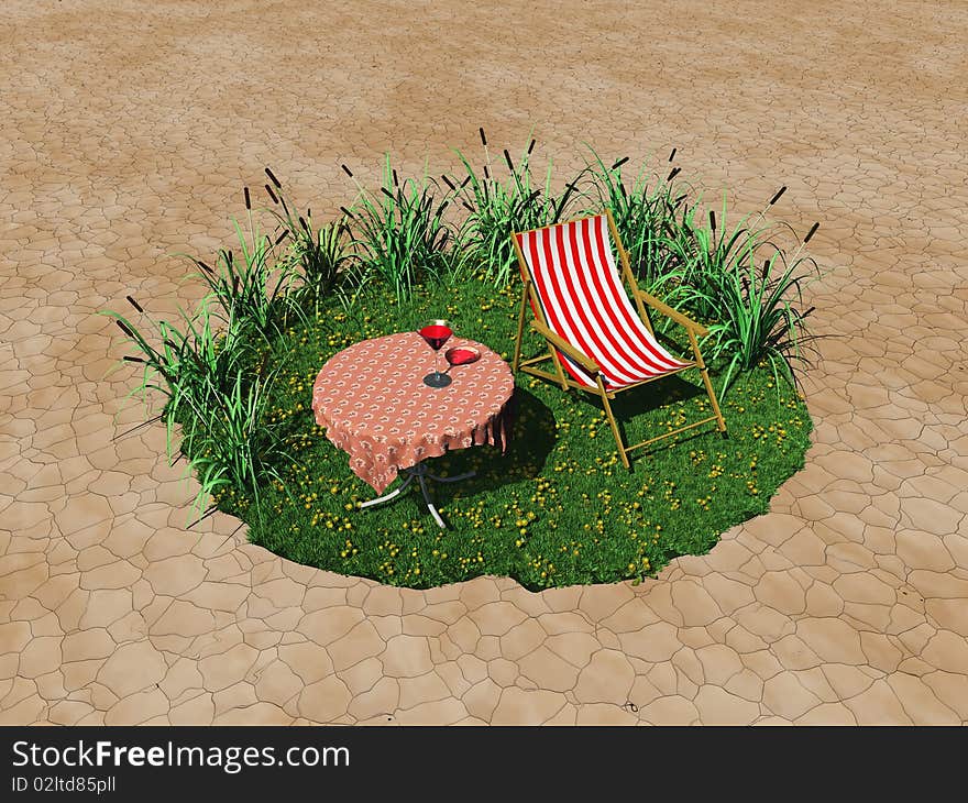 Tiny oasis in the desert with deck chair and table