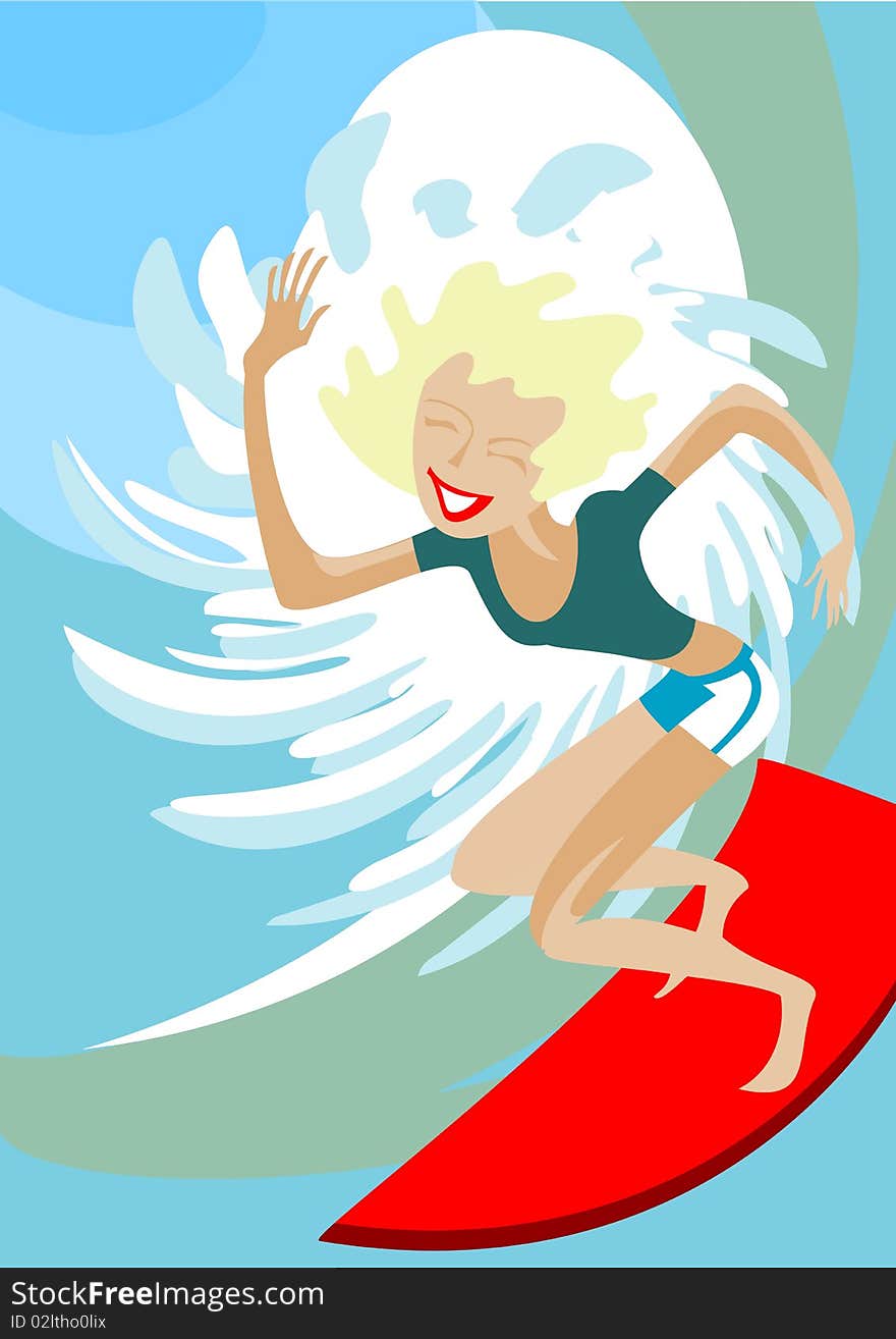 Surfer - girl is on the crest of a wave. Surfer - girl is on the crest of a wave