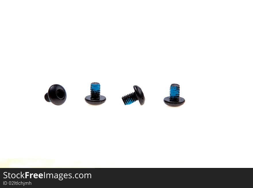 Black bolts isolated on white with blue paint stopper