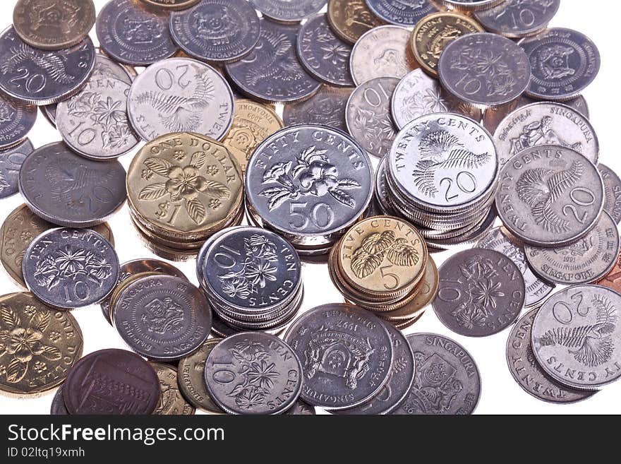 A grounp of singapore coins stack together. A grounp of singapore coins stack together