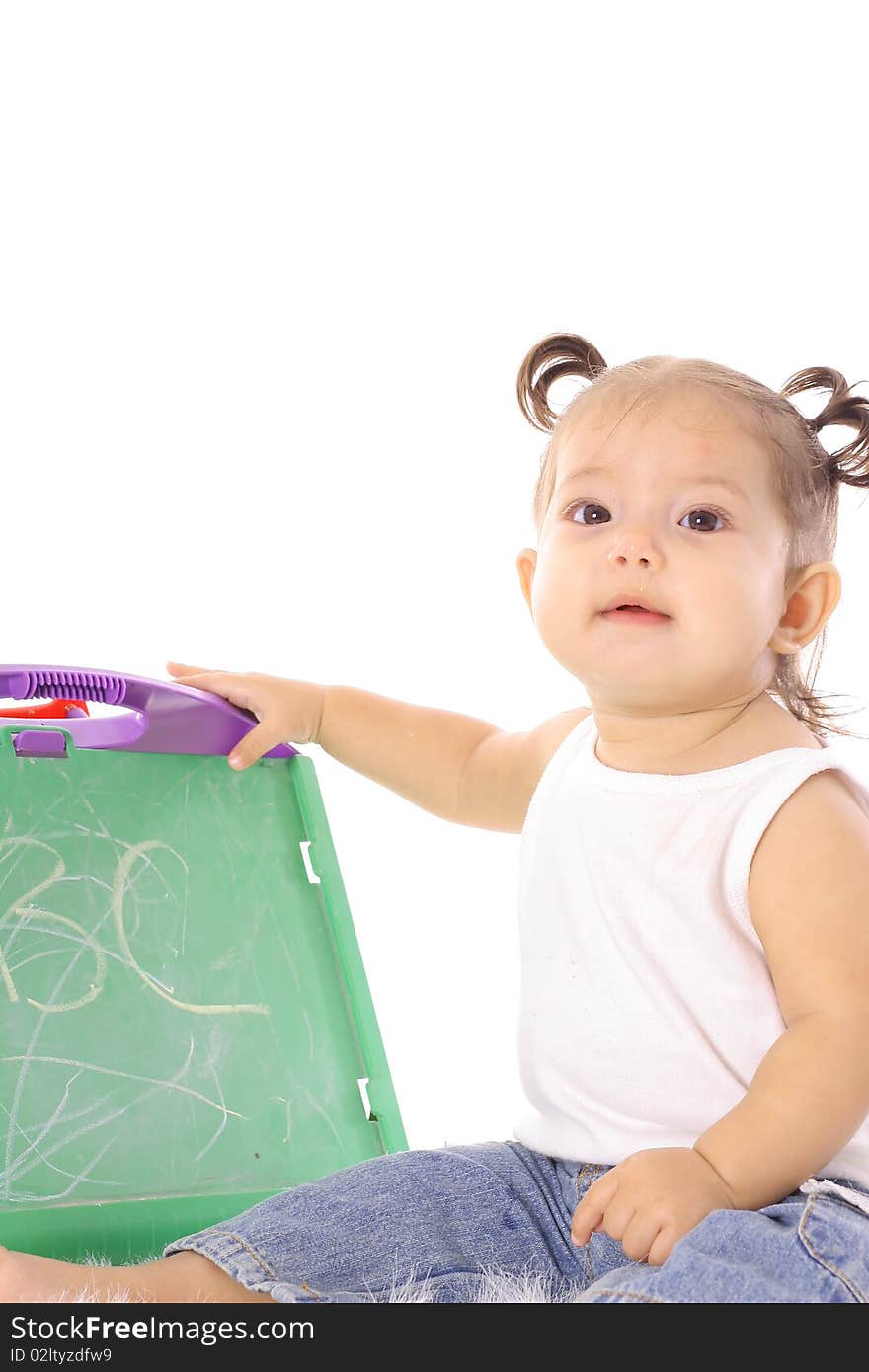 Shot of a little baby with chalkboard