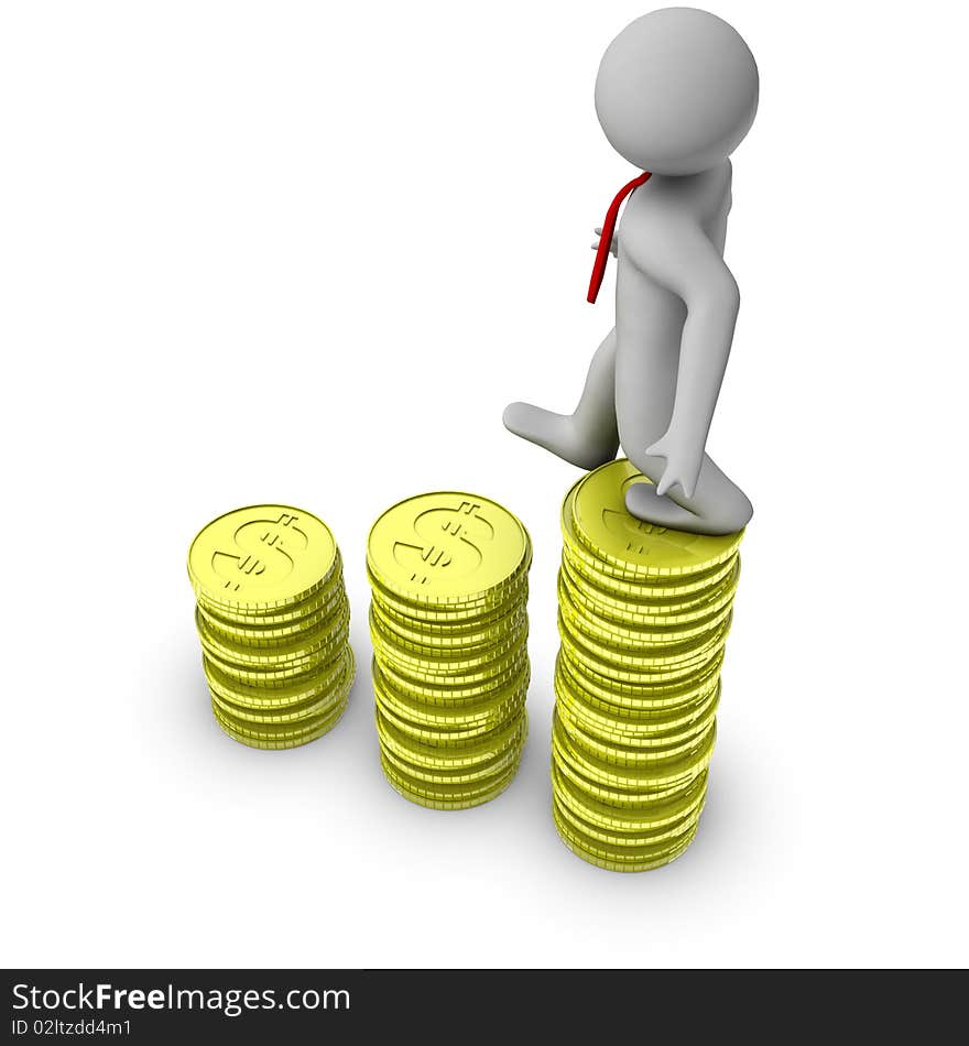 3d Man Walking On Growth Of Dollar Coins