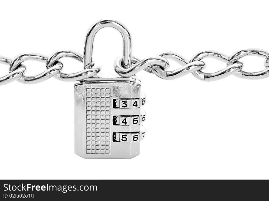 Silver chains fastened to numbered combination padlock, isolated on white background. Silver chains fastened to numbered combination padlock, isolated on white background