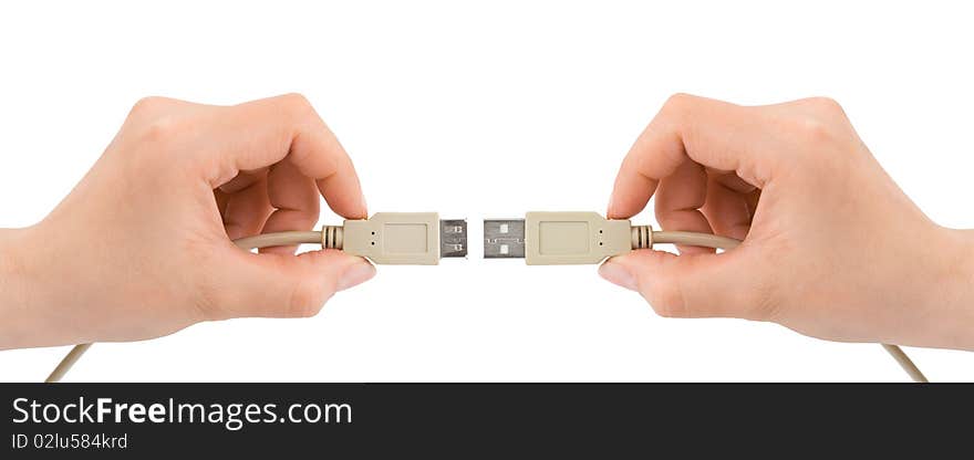 Hands and computer cable isolated on white background