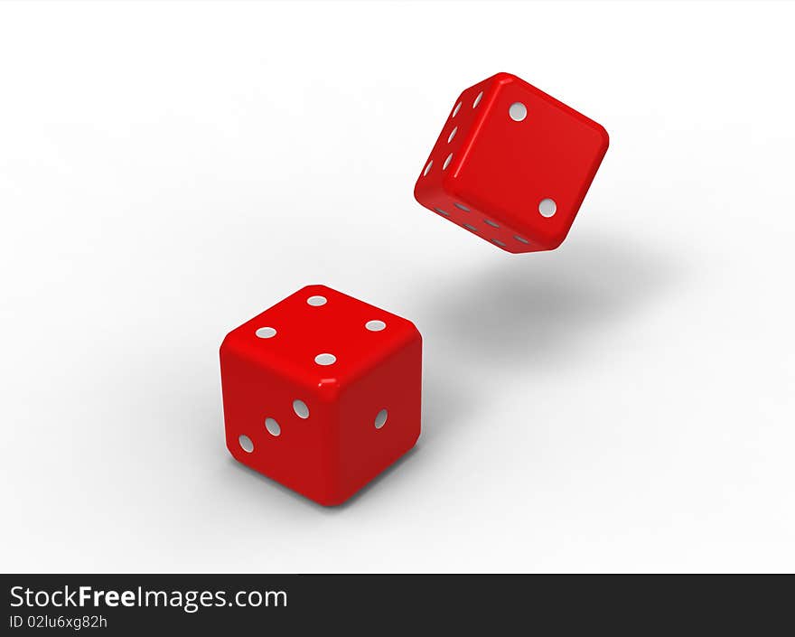 Two red dices, render, isolated on white background