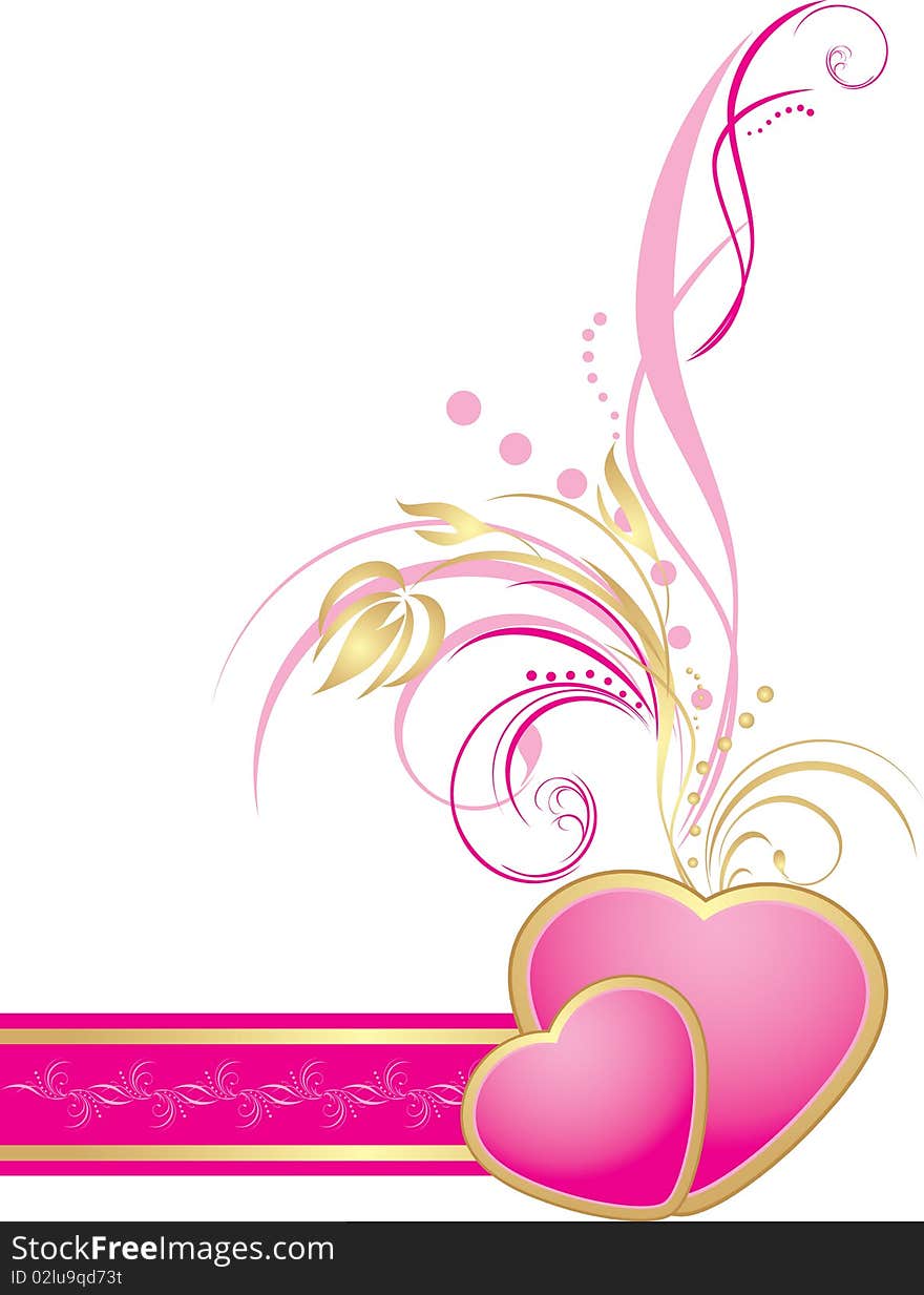 Pink hearts with decorative sprig on the ribbon. Element for decor. Illustration