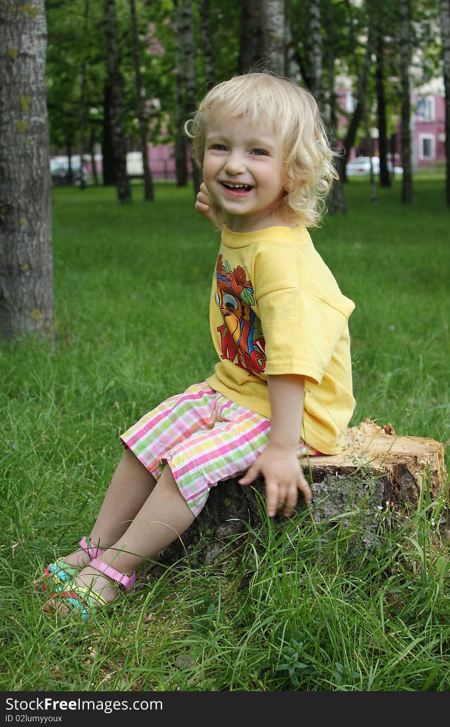 Little Girl Sitting On A Stump