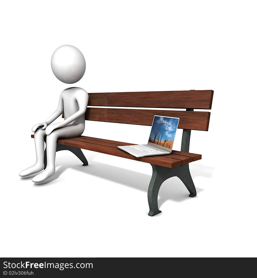 Men Sitting On The Bench Near A Laptop.