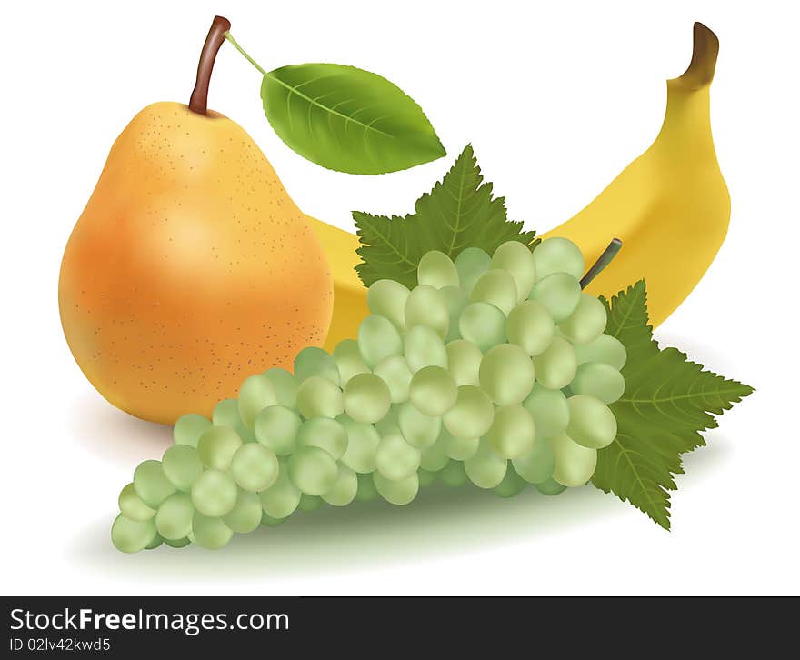 Photo-realistic illustration. Banana, pear and green grapes.