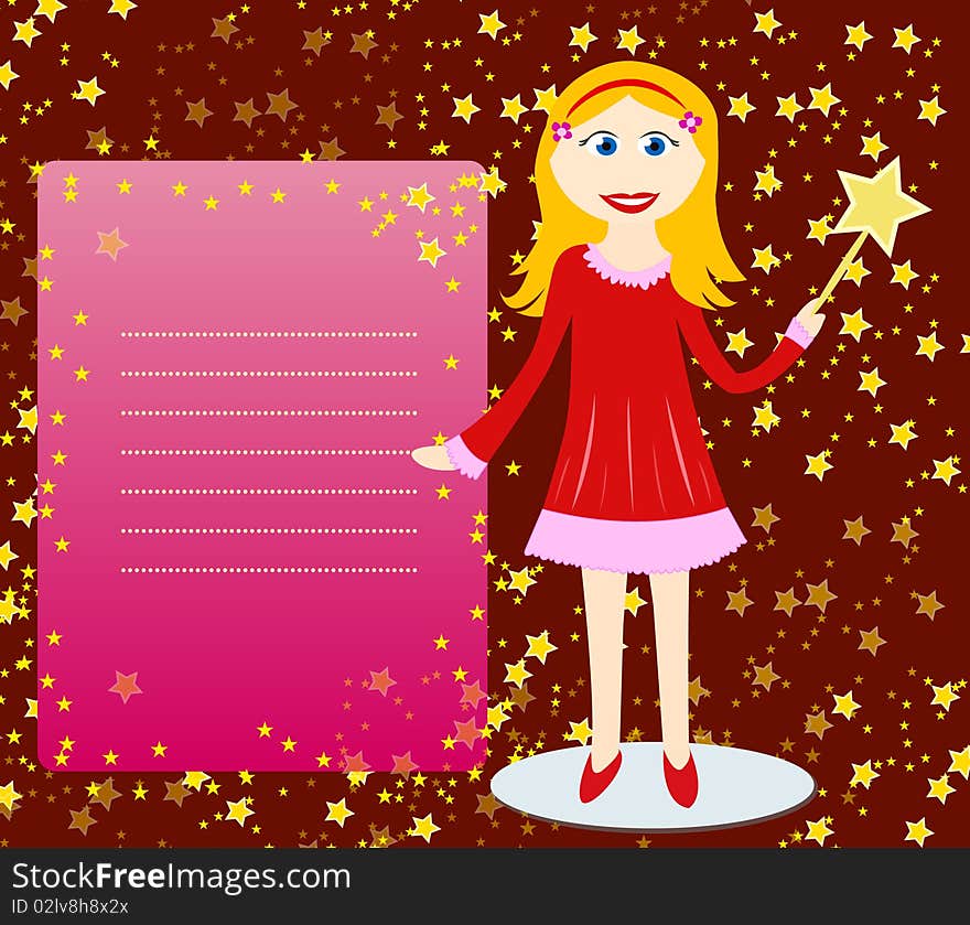 Fairy girl with magic wand and pink card with copy space for your text.