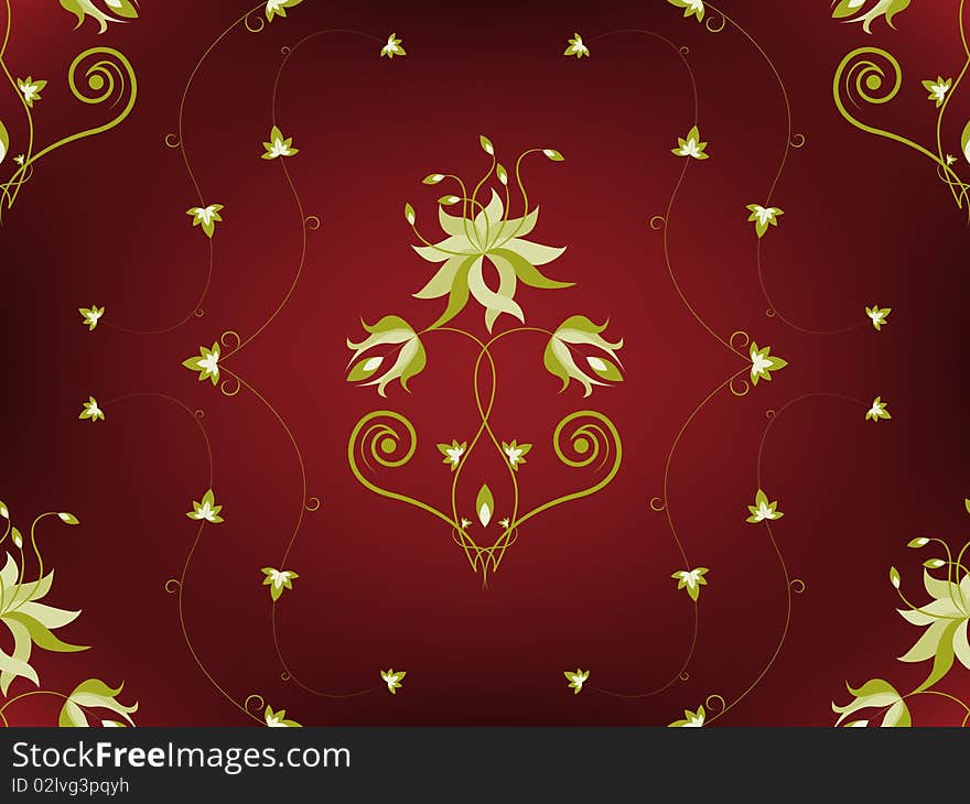 Floral seamless pattern: gold flowers on red