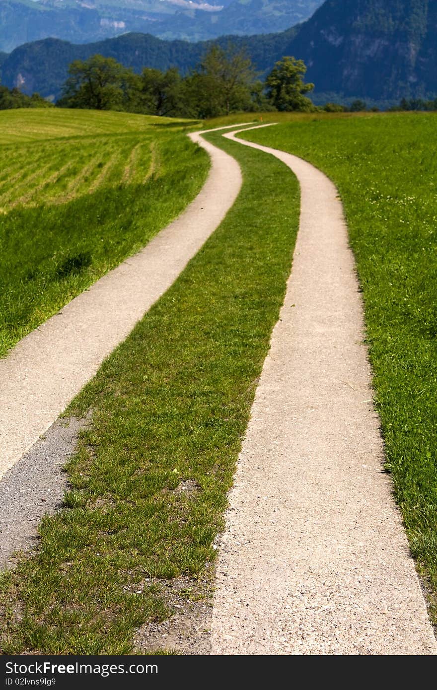 Snaky path in the green grass with mountains in back. Snaky path in the green grass with mountains in back