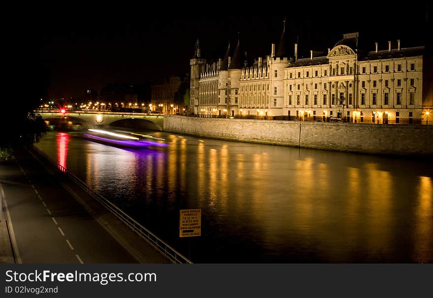 Seine river and bridge in sunset