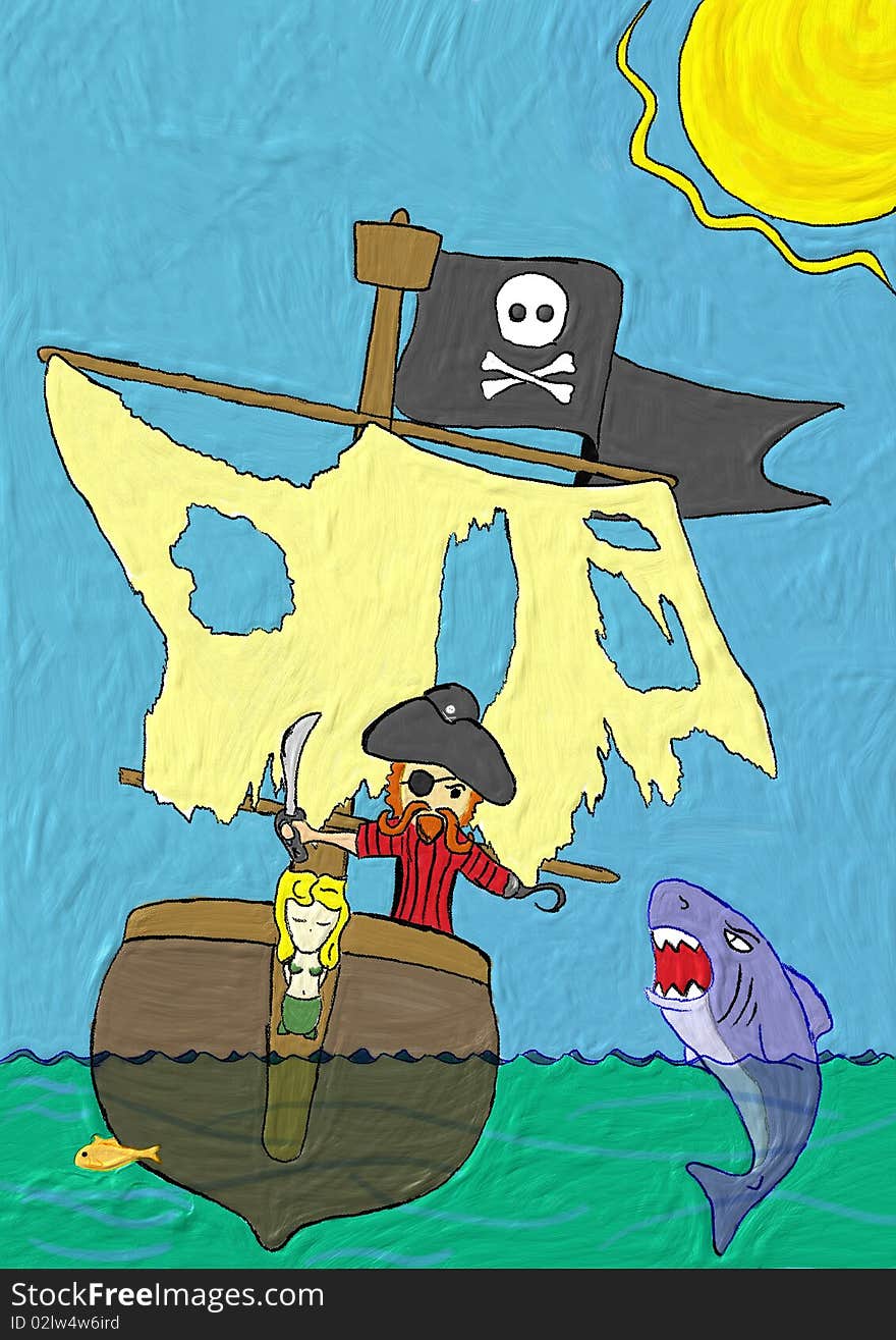 A crayon and painting of a Pirate in a wrecked boat is fighting a shark. A crayon and painting of a Pirate in a wrecked boat is fighting a shark