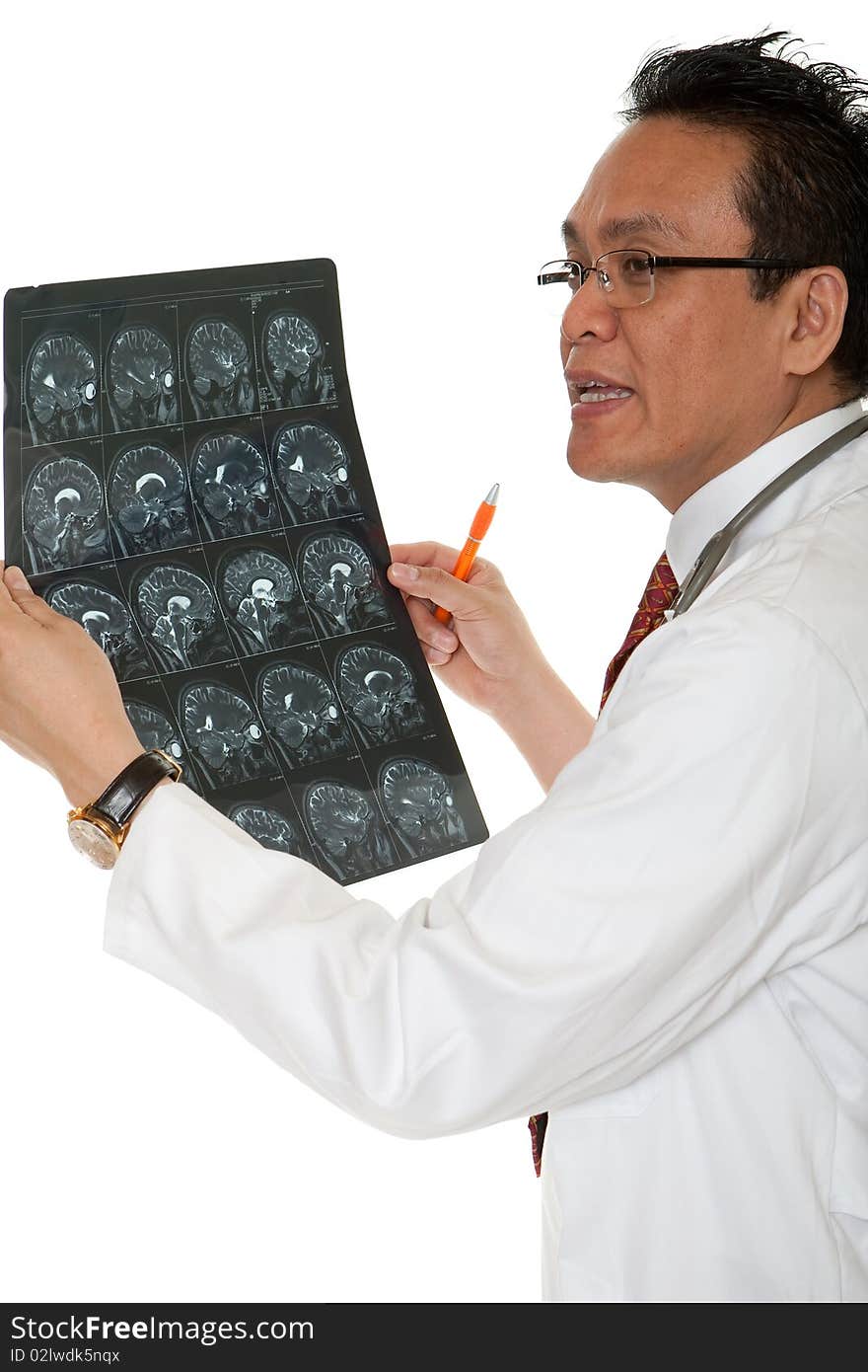 Doctor diagnosis x-ray, asian man look at film against white background