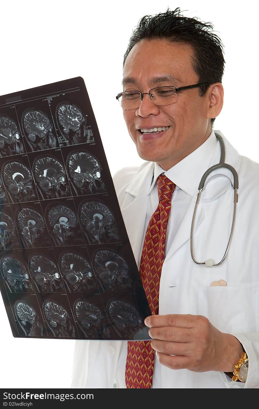 Doctor diagnosis x-ray, asian man look at film against white background