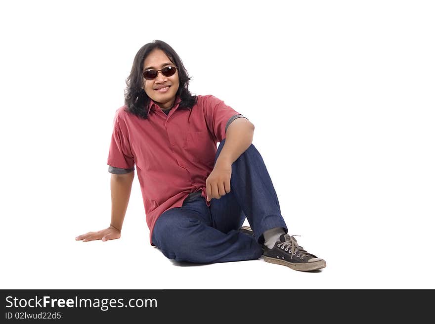 Long hair man relax on white background