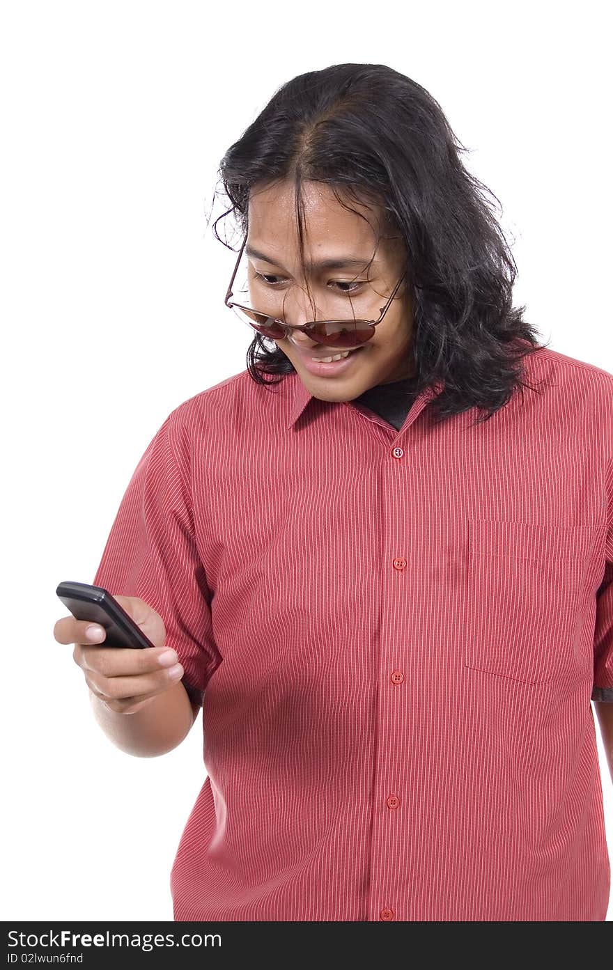 Long hair man with cellphone isolated on white background