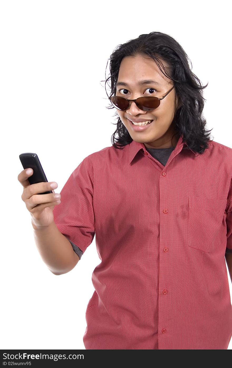 Long hair man with cellphone isolated on white background