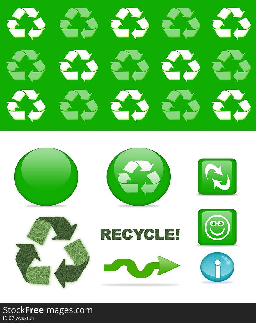 A set of recycling elements: background with seamless recycling pattern & a variety of shiny icons and buttons isolated on white. A set of recycling elements: background with seamless recycling pattern & a variety of shiny icons and buttons isolated on white.