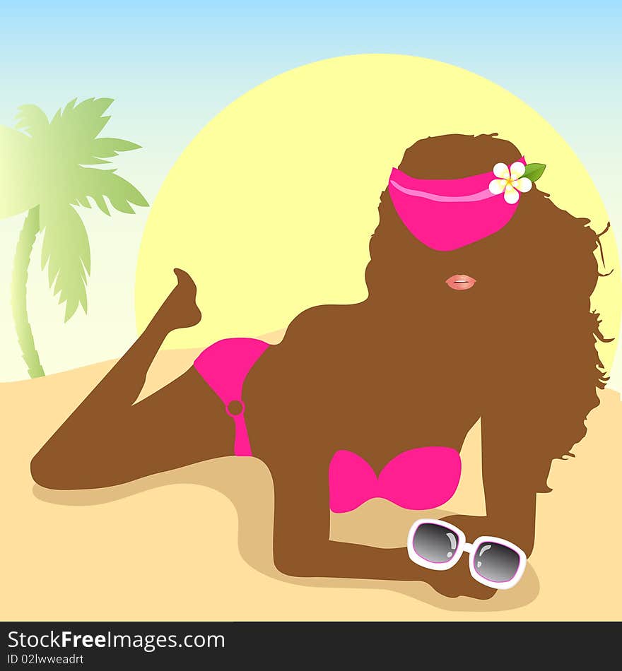 Beautiful woman silhouette wearing pink swimsuit and on the beach. Beautiful woman silhouette wearing pink swimsuit and on the beach