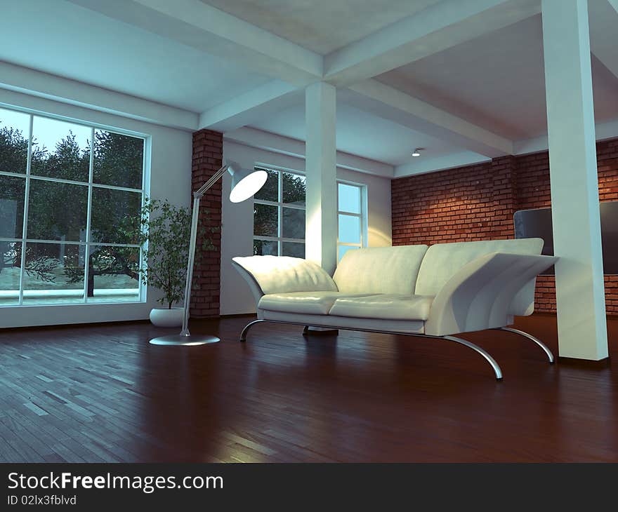 Modern empty interior with white walls, sofa and plants. Modern empty interior with white walls, sofa and plants