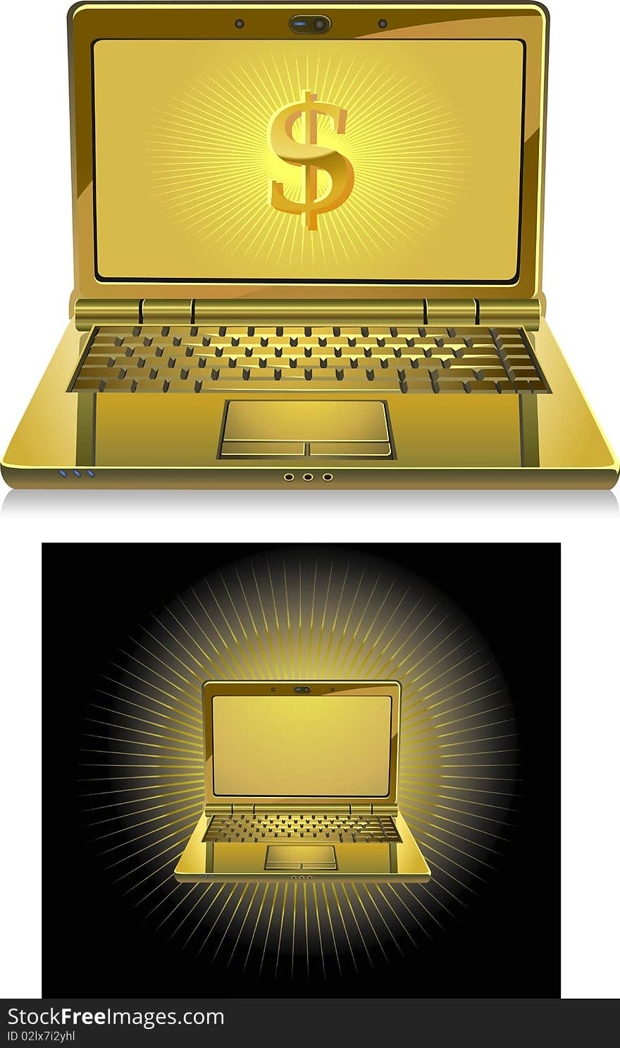 Gold stylish glossy laptop with a gold dollar on the screen. Glitter and wealth! There is a variant on a black background. Gold stylish glossy laptop with a gold dollar on the screen. Glitter and wealth! There is a variant on a black background