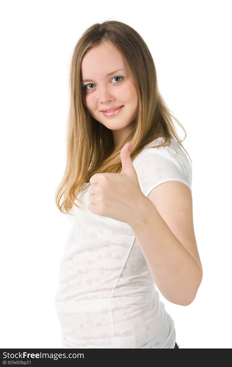 Portrait of the beautiful long-haired blonde showing a sign ok, isolated on white. Portrait of the beautiful long-haired blonde showing a sign ok, isolated on white