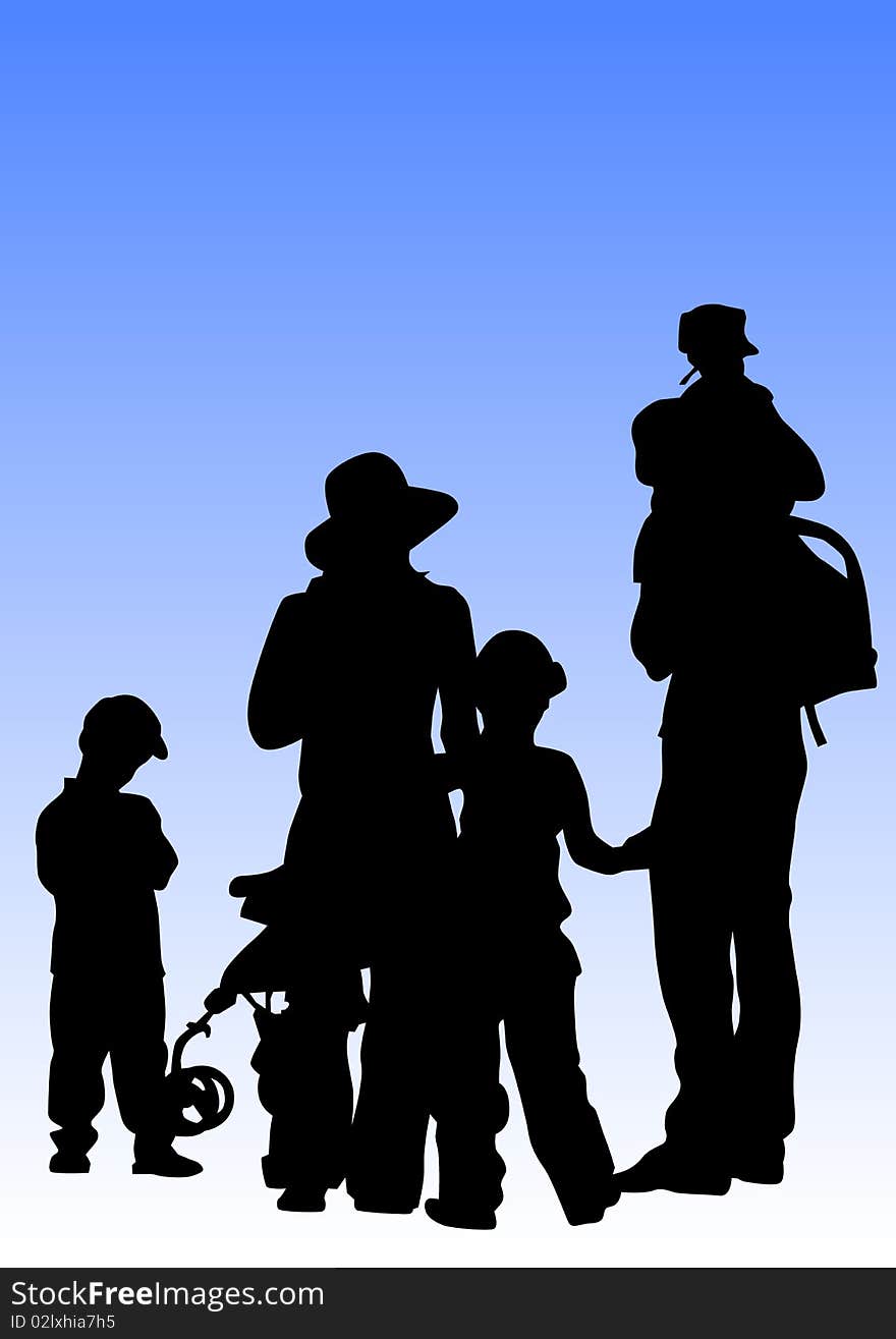 Drawing parents and children. Silhouettes of people on blue sky. Drawing parents and children. Silhouettes of people on blue sky