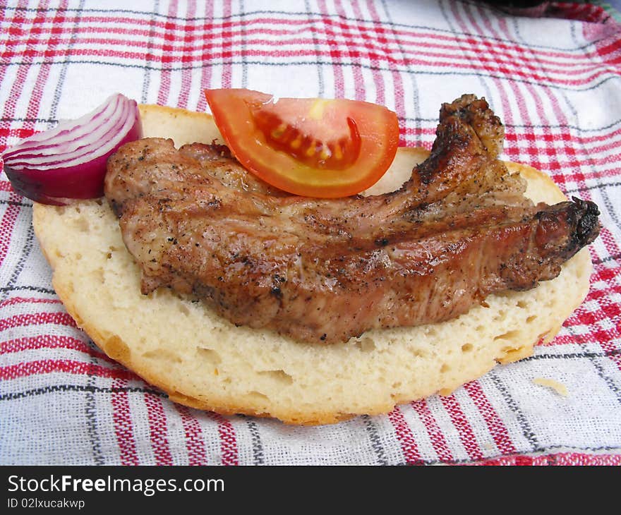 Grilled steak served with onion and tomatoe at picnic